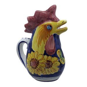 Dipinto a Mano Hand Painted Ceramic Rooster Pitcher Sunflowers Italy Farmhouse